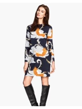 H&M Navy Long-Sleeve Dress with Orange and Light Gray Crane Print